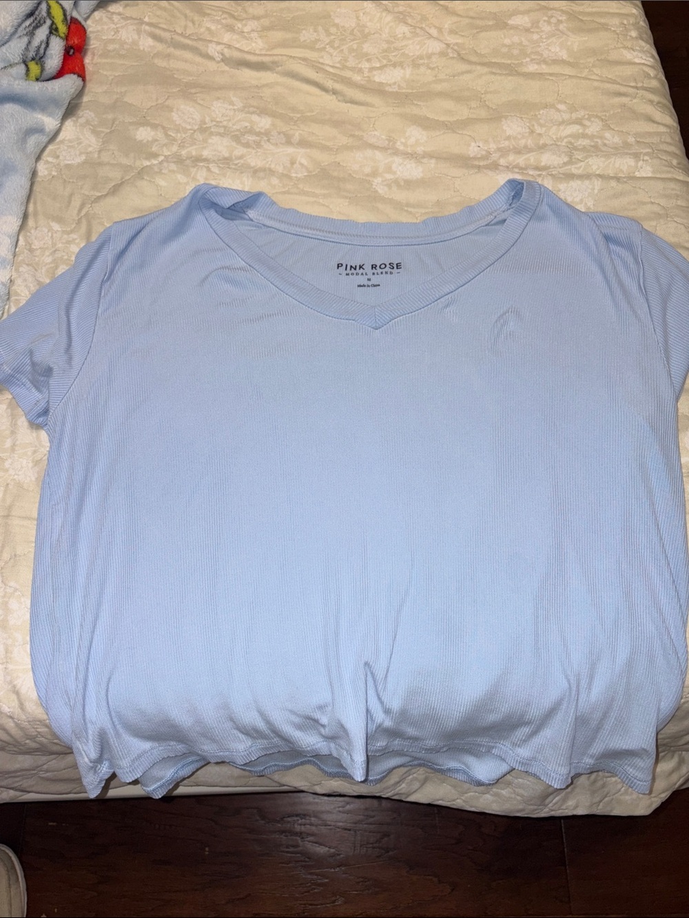 Pink Rose Pastel Blue V-Neck Ribbed Short Sleeve Top